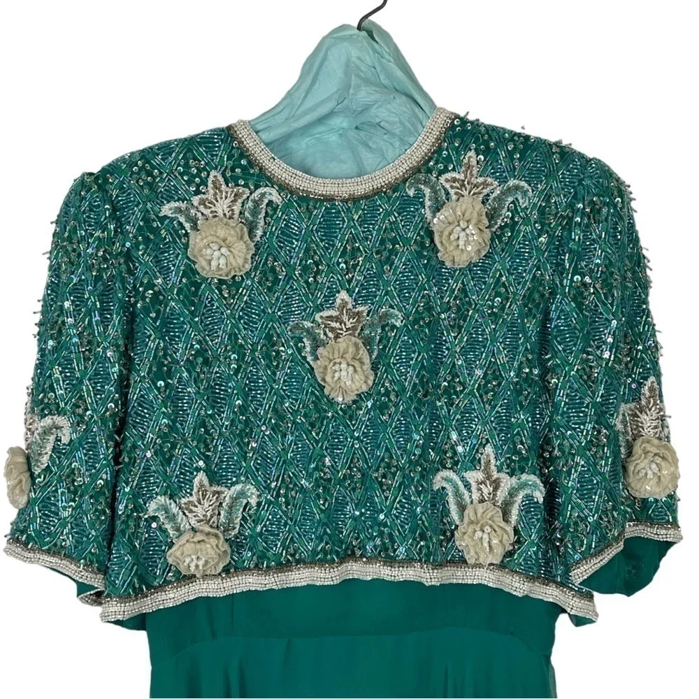 VINTAGE RICHILENE 70S SILK CHIFFON BEAD EMBELLISHED AQUA FORMAL EVENING GOWN - Picture 6 of 16